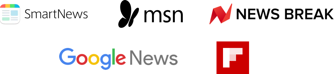 Various syndication partner logos including SmartNews, MSN, News Break, Google News, and Flipboard