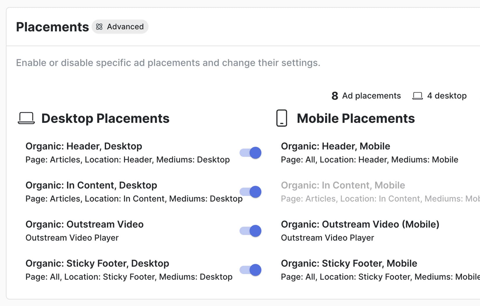 A screenshot of Organic Ads placement settings