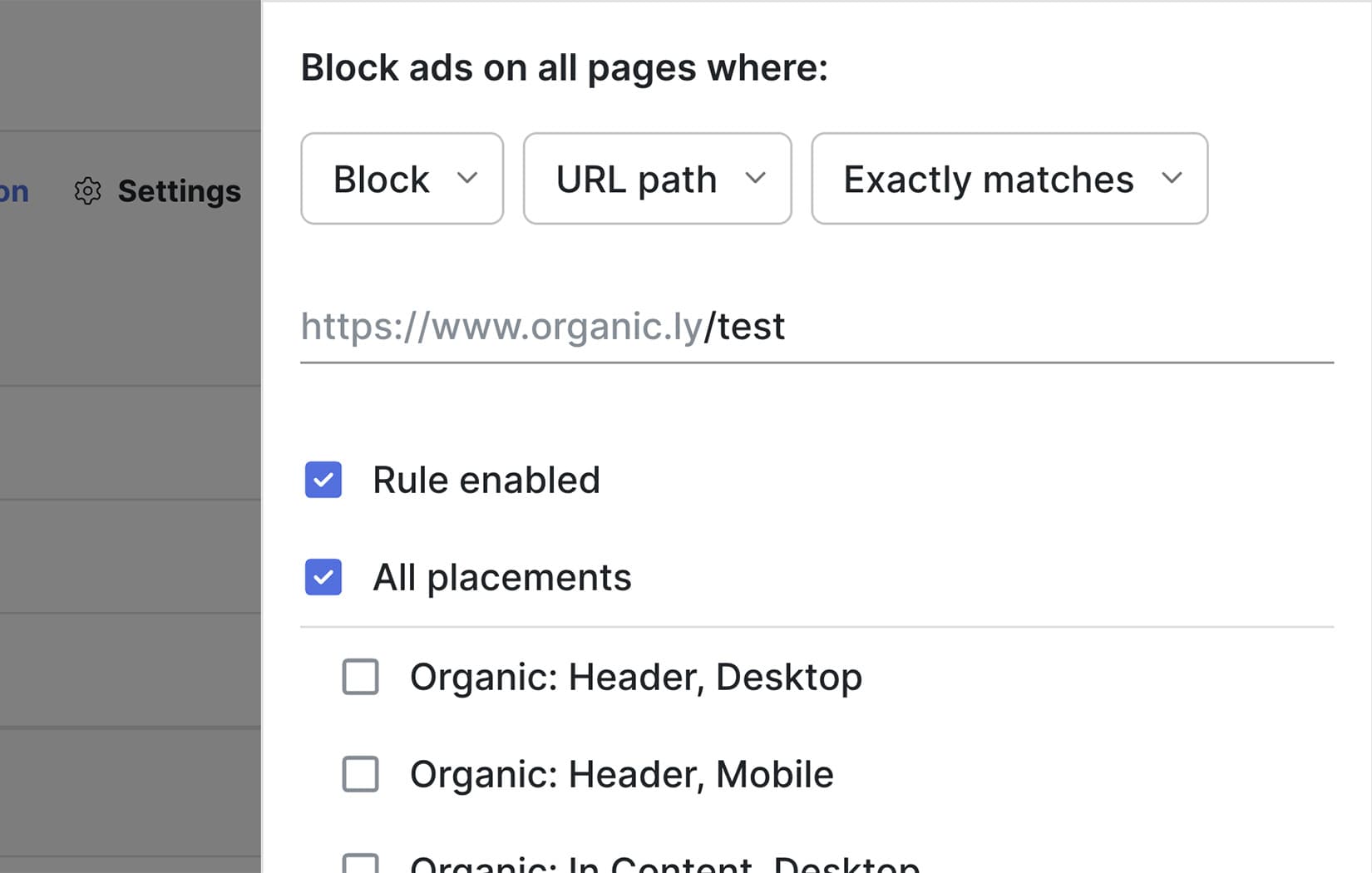A screenshot of Organic Ads ad blocking rule settings