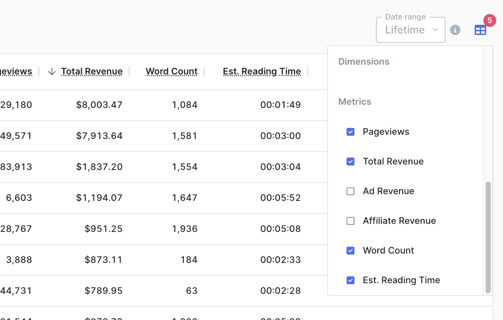 A screenshot showing additional content Analytics revenue performance fields